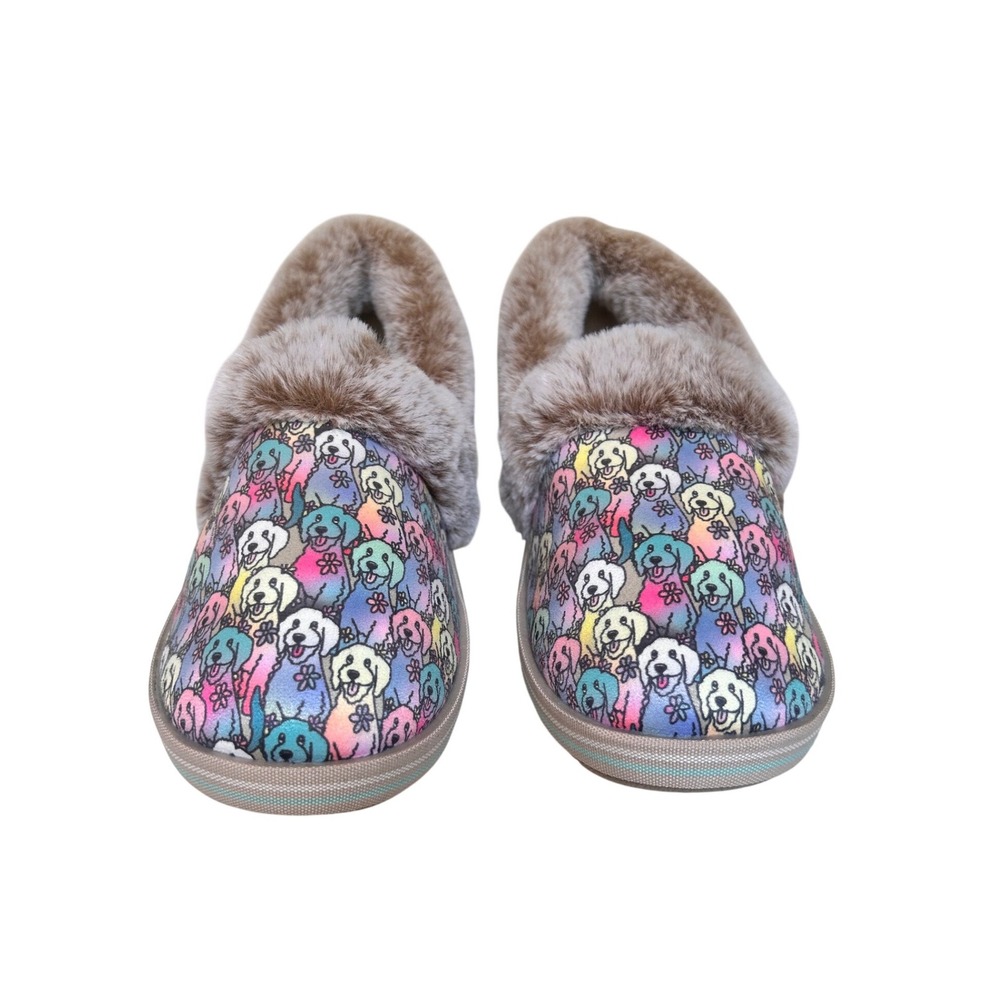 BOBS from Skechers Keepsakes Ice Angel Dog Print Slippers Faux Fur 113481 NTMT 9